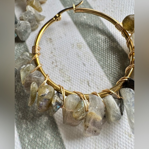 New Natural Labradorite Stone Wire Wrapped Gold Tone Hoop Earrings - 2” - Picture 6 of 9